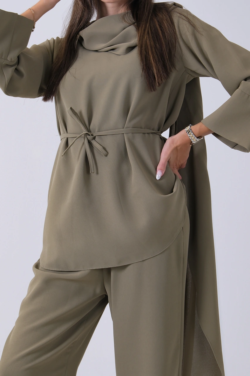 Feminist Haki Şal Yaka Üzeri Broş Detaylı Pantolonlu Takım 4592270.23 Haki