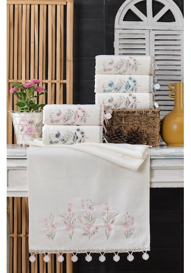 6'lı Set 30x50 Cm. Çeyizlik Kadife Nakışlı Yonca Küpeli Dantelli Lüks El Ve Mutfak Havlu Seti Gül