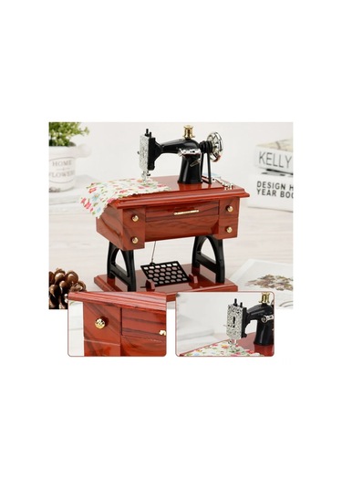 Reedark Retro Dikiş Makinesi Desenli Mini Müzik Kutusu - Çarklı Hareketli, Çekmeceden Müzik Çalar, Nostaljik Hediye Odun