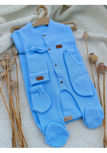 Erkek Bebek Yeni Doğan Mavi Waffle 5 Parça Hastane Çıkışı Mavi