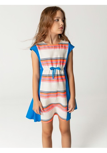 Sheshe Renkli Çizgili Beli Kuşaklı Kız Çocuk Elbise Renkli