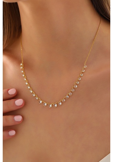 925 Ayar Gümüş Boy Geçişli Zirkon Taşlı Kolye Altın