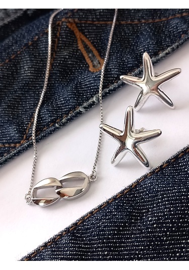 Gümüş Deniz Yıldızı Küpe Tifany Tasarım Kolye Kadın Set