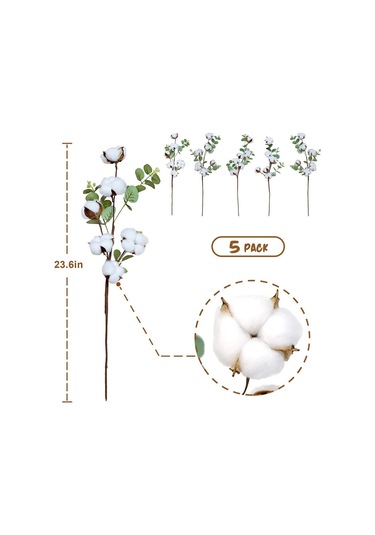 4 Adet Okaliptuslu Doğal Pamuk Çiçeği Dalı 5Li Kuru Çiçek Yapay Ç