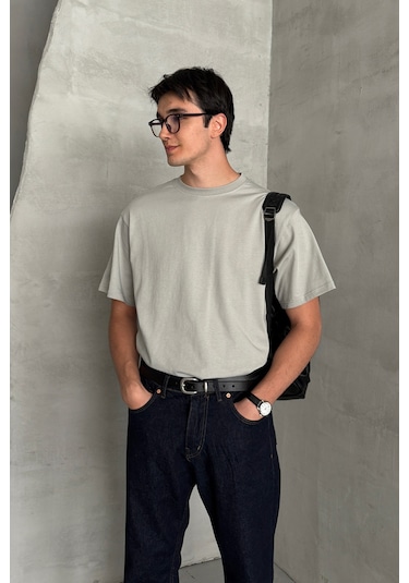 Hyman Erkek %100 Pamuk Oversize Basic T-shirt Gri