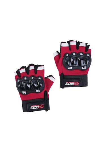 Çocuklar İçin Koruma Destekli Kırmızı Renkli Unisex Yarım Parmak Scooter Bisiklet Eldiveni