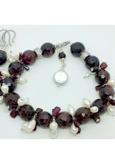 Sibelce 2687 Garnet Doğal İnci Zirkon El Yapımı Bileklik Bordo