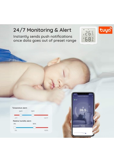 Shineyee Akıllı Wifi Sıcaklık Ve Nem Sensörü - Uzak İzleme, Anormal Veri Uyarıları, Siri/alexa Uyumlu, Ultra Düşük Enerji Tüketimi, Beyaz Piller Dahil Değil