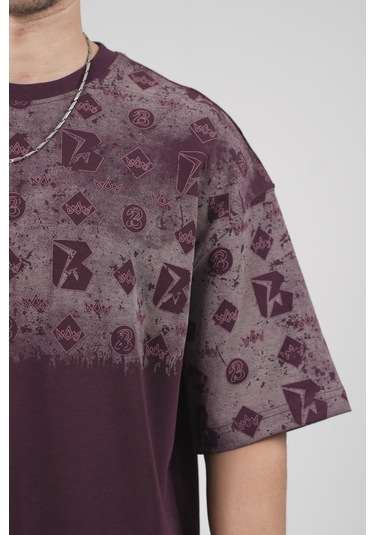 King-Brich Oversize Kalıp Logo Baskılı Bisiklet Yaka Basic Tişört Bordo