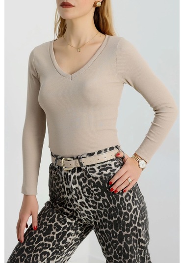 V Yaka Kaşkorse Bluz Bej A3699 Bej