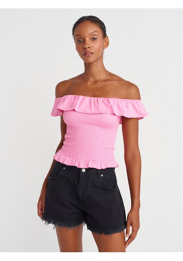 Dilvin 31902 Omuzları Açık Fırfırlı Top-pembe Pembe