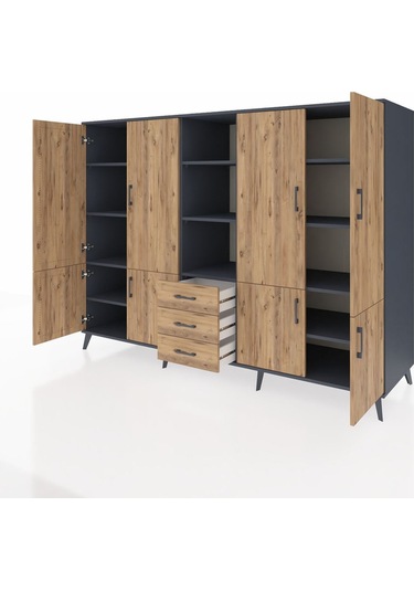 Kronos Dolap 11 Raflı 3 Çekmeceli 8 Kapaklı 220x59x163 Antrasit-ç Antrasit-çam