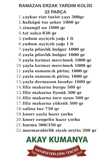 Ramazan Kumanyası Erzak Paketi Gıda Kolisi 22 Parça