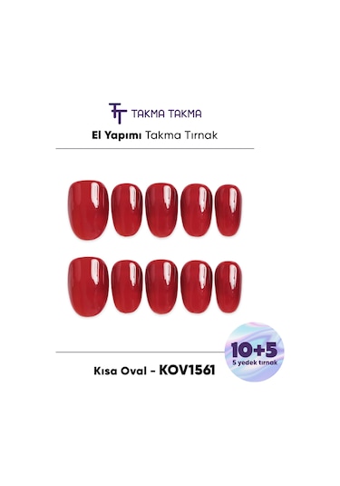 15'li Kırmızı Kısa Oval Kov1561 Tekrar Kullanılabilir El Yapımı Protez Takma Tırnak S