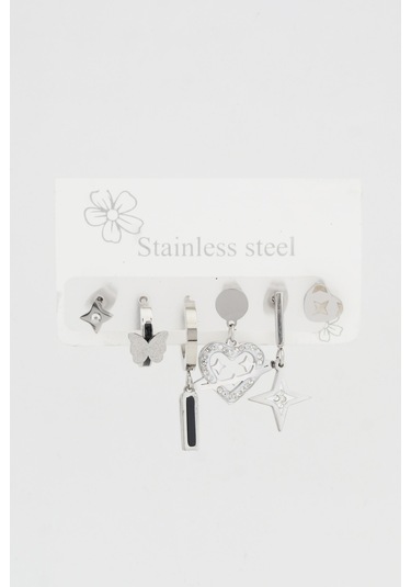 Kadın Kararmaz 6'Lı Kuzey Yıldızı ve Kalp Detaylı Çelik Set Küpe Gümüş-M