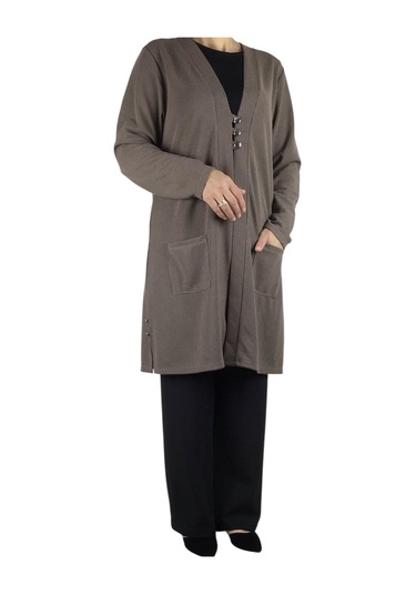 Kadın Önü Üç Düğmeli Mevsimlik Cepli Hırka Vizon