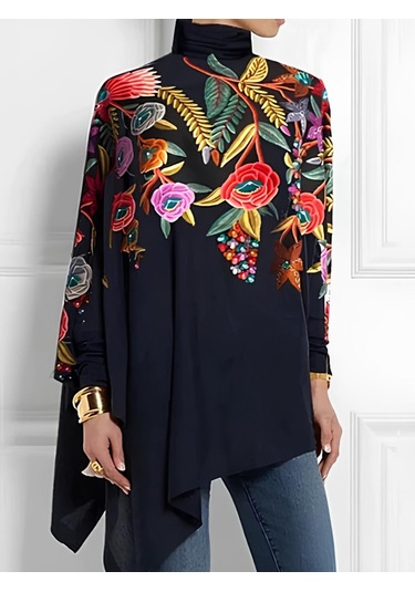 Kadın Uzun Kollu Balıkçı Yaka Asimetrik Kesim Mikro Bluz Desenli