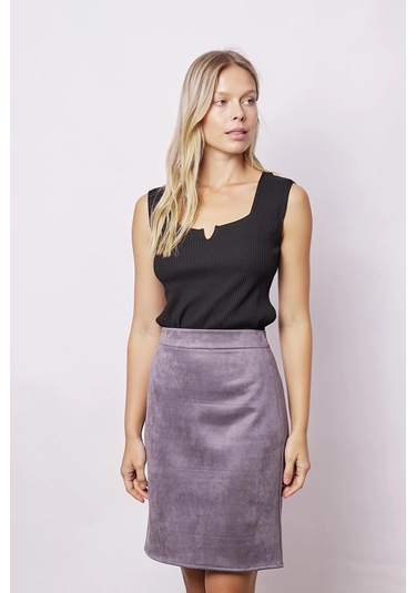 Kadın Hafif Likralı Süet Kumaş Yüksek Bel Diz Üstü Kalem Etek-gri Gri