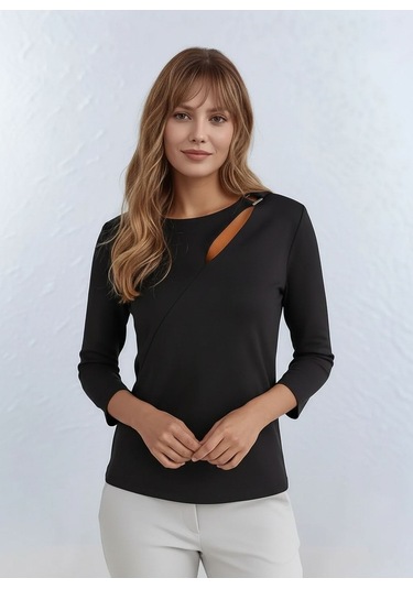 Kadın Yakada Toka Detay Spor Şık Dokuma Kumaş Truvakar Kol Büyük Beden Şık Bluz Siyah