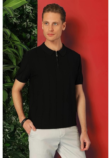 Slim Fit Fermuarlı Polo Yaka Kısa Kol Siyah Triko Tr 865 Siyah