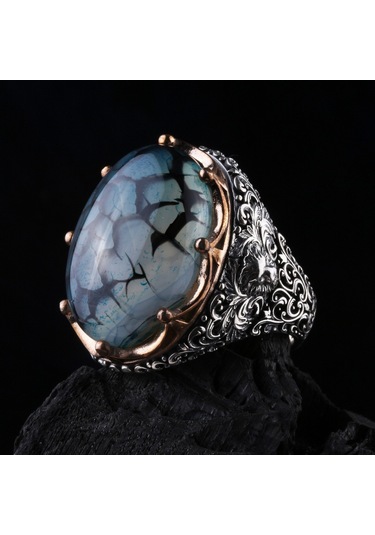 925 Ayar Gümüş Damarlı Yemen Akik Taşlı El İşçiliği Erkek Yüzük Silver