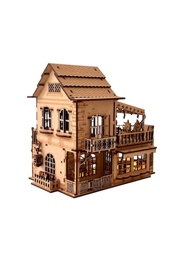 Işıklı Detaylı Kahve Dükkanı Diorama Maketi Ahşap Hobi Seti