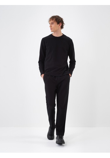 Siyah Pamuk Dokulu Regular Fit Sweat Pantolon 380187 Siyah