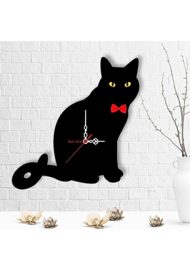 Kişiye Özel Kedi Tasarımlı Ahşap Duvar Saati - 3 Çok Renkli