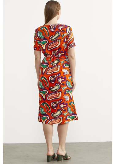 Önden Düğmeli Desenli Viskon Elbise - Oranj 001