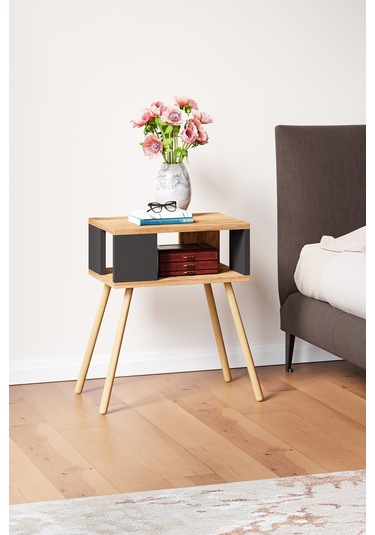 İntergo Ahşap Ayaklı Dekoratif Raflı Komodin Atlantik Çam- Antrasit