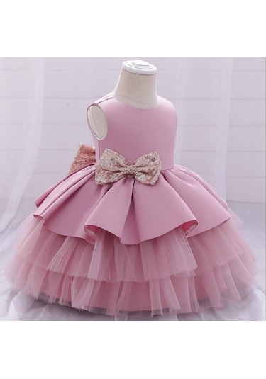 Pudra Pembe Kat Kat Tüllü Kurdelalı Kız Çocuk Elbise - Kat Kat Tül Elbise - Pembe