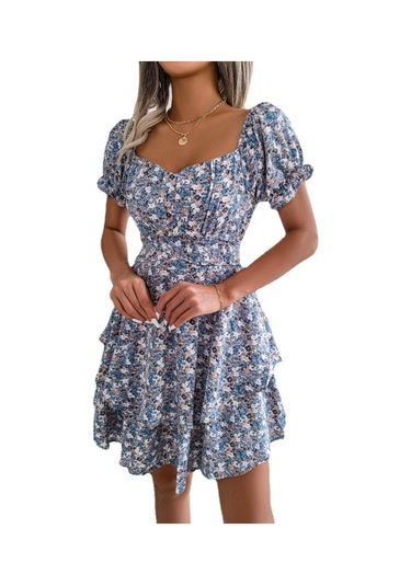 Gmxıa Yaz/ilkbahar Kadın Modası Dar Kesim Kare Yaka Kısa Kollu Elbise Mavi