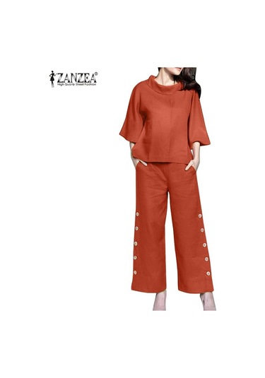 Zanzea Pamuklu Kıyafetler Bayan Bluz Ve Pantolon Yaz İki Parçalı Takım Elbise Set Mavi