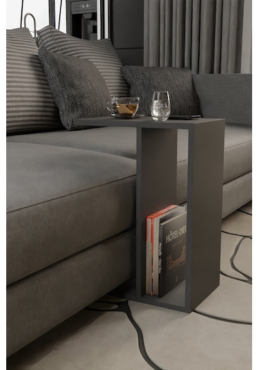 Alpa Ev Mobilya C Tasarım Koltuk Yanı Sehpa, Kitaplıklı Modern Laptop & Kahve Sehpası, Orta Sehpa Antrasit