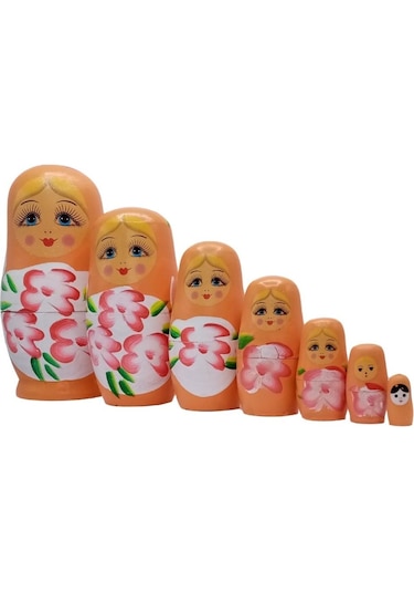 Mobgift Ahşap Tombul Iç Içe Matruşka Bebek 7li Set Turuncu