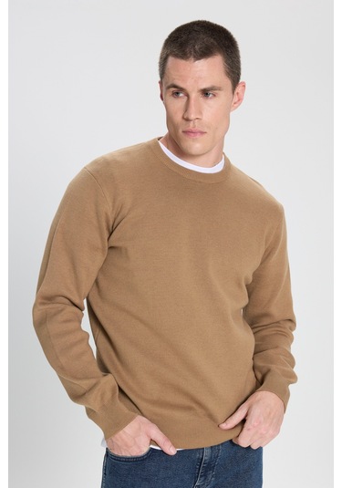 Regular Fit Normal Kesim Bisiklet Yaka Bej Triko Kazak W242724614 Bej