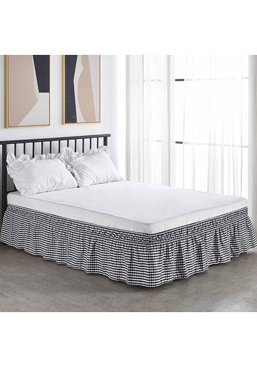 Tam Yatak İçin Siyah Ekose Yatak Etek 15 İnç. Drop, Kolay Uygun Fırfırlı Yatak, Anti Kırışıklık Siyah