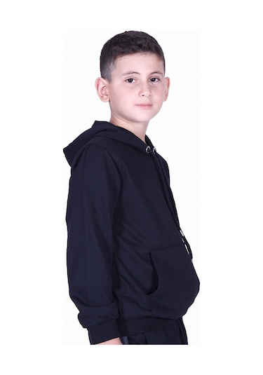 Fyk Kids Düz Kanguru Cepli Kapşonlu Sweatshirt Siyah