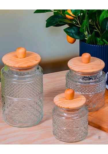 Themia Ahşap Kapaklı Cam Kavanoz & Erzak Saklama Kabı Seti 1800 Cc Vakum Kapak Şeffaf