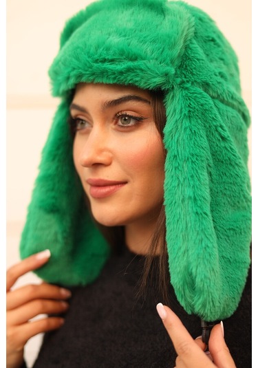 Çıtçıtlı Kürklü Kulaklıklı Peluş Bere Şapka Rkş-03 Yeşil Yeşil