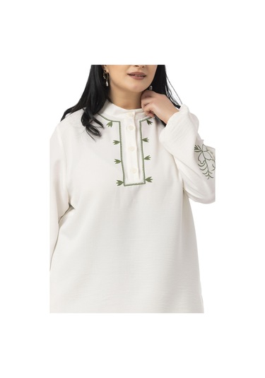 Büyük Beden Nakış Detaylı Bluz Etek Haki İkili Takım Haki