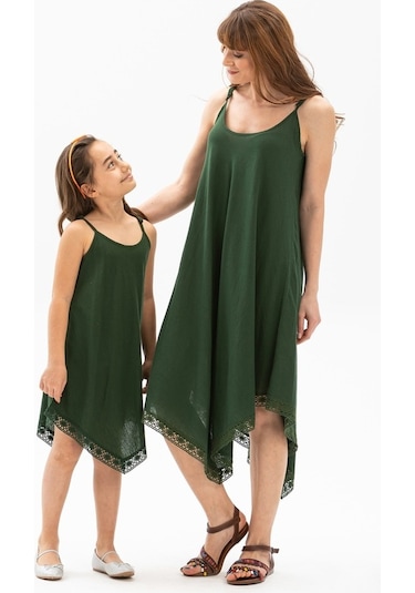 Çağla Şile Bezi Kız Çocuk Elbise Yeşil