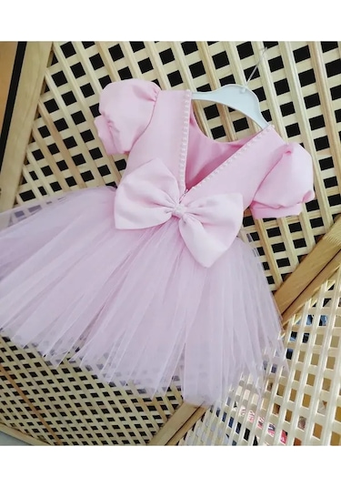 Yakası İncili Pembe Elbise Pembe