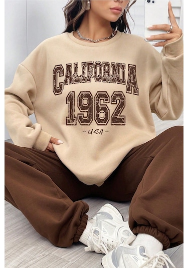 Modagen Unisex Kahverengi Bej Bisiklet Yaka California Baskılı Alt-üst Eşofman Takımı Kahve-bej