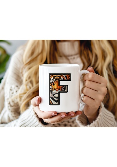 F Harfi Kaplan Figürlü Nakış Desenli Kupa Bardak - Kişiye Özel Vahşi Hayvan Desenli Kupa - Hediye Beyaz