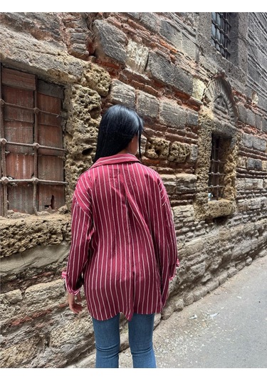 Bordo Çizgili Oversize Düğmeli Gömlek Bordo