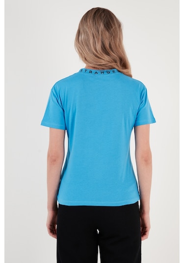 Lela Yakası Baskılı Bisiklet Yaka Basic Örme Bayan T Shirt 5864054 Bebe Mavi