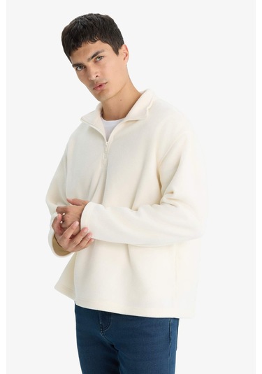 Defacto Relax Fit Yarım Fermuarlı Polar Sweatshirt F0448ax25auer140 Ekru-er140