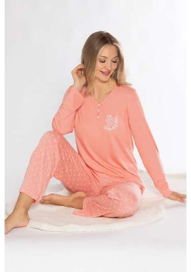 Uzun Kol Pijama Takım Sade Şık Mevsimlik Viskon Alper 790-73 Koyu Somon