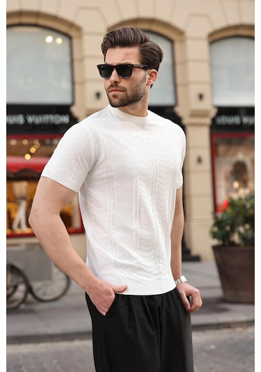 Beyaz Bisiklet Yaka Slim Fit Triko Erkek Tişört E7466